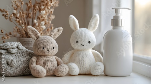 Beige and light brown knitted rabbits with skincare bottle in a soft natural light setting