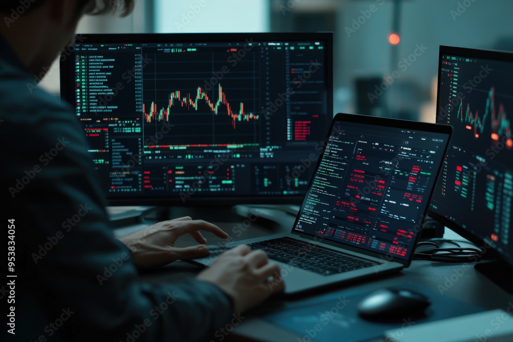 Stock market broker is using multiple computer monitors to analyze cryptocurrency charts and make informed trading decisions Stock market broker is using multiple computer monitors to analyze cryptocurrency charts and make informed trading decisions