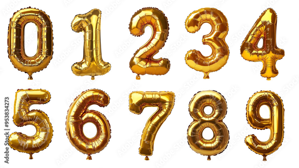 A set of gold balloons with numbers zero (0) through nine (9). A set of gold balloons with numbers zero (0) through nine (9).
