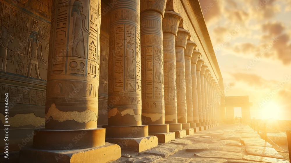 An ancient Egyptian temple with columns and bas-reliefs depicting scenes from mythology An ancient Egyptian temple with columns and bas-reliefs depicting scenes from mythology