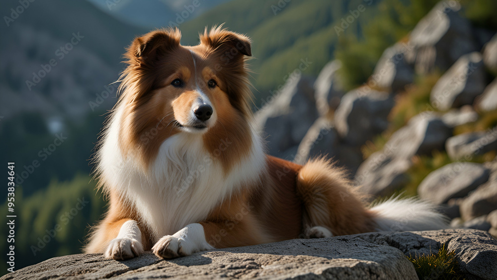 A Sheltie Shetland Sheepdog lies gracefully on a stone with alpine nature backdrop.
A Sheltie Shetland Sheepdog lies gracefully on a stone with alpine nature backdrop.