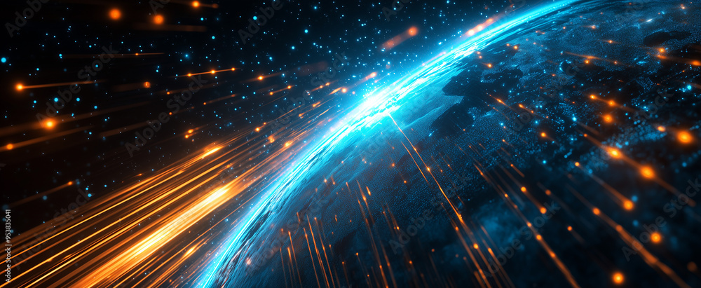 Obraz premium abstract background of Earth viewed from orbit, featuring glowing blue and orange light streaks interconnected by data lines in space.