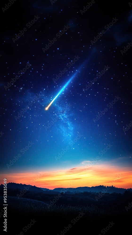 Fototapeta premium A stunning night sky featuring a bright comet streaking across a vibrant sunset, perfect for astronomy enthusiasts and dreamers.