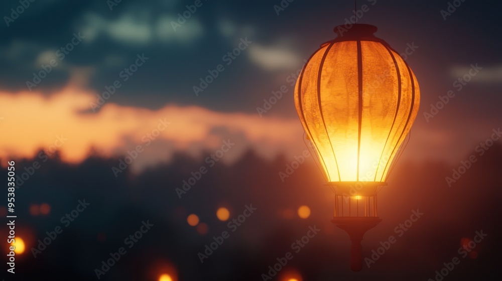 Obraz premium A glowing lantern against a twilight sky, illuminating the gentle evening scene. Perfect for themes of tranquility and warm, cozy nights.