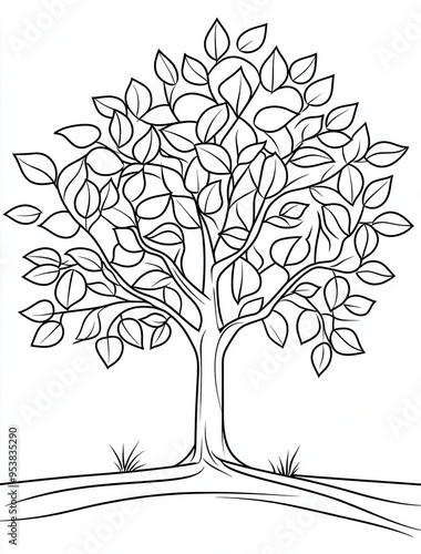 Simple line drawing of a tree with leaves, perfect for coloring.