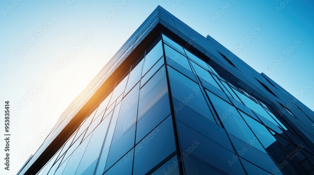 Modern Glass Facade of a Tall Building Against a Blue Sky Modern Glass Facade of a Tall Building Against a Blue Sky