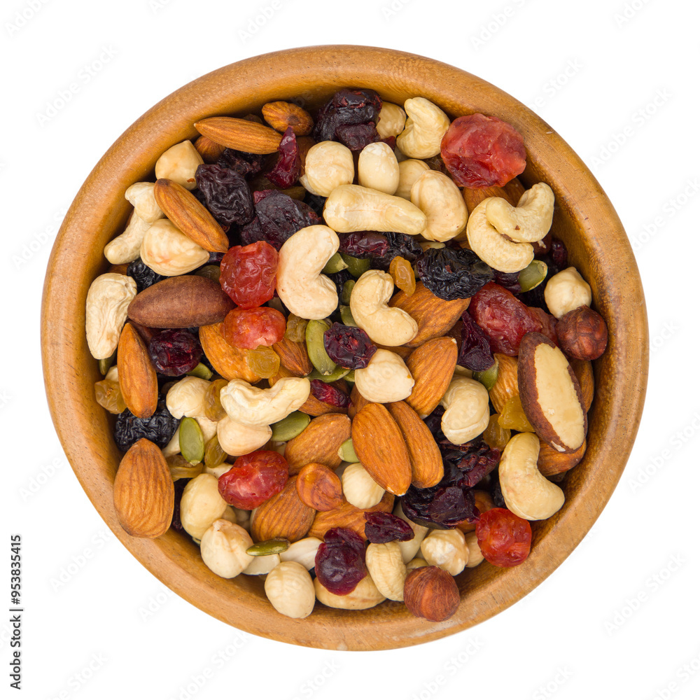 Mix nuts, dried berries and pumpkin seeds in a wooden bowl isolated on a white background. View from above.
Mix nuts, dried berries and pumpkin seeds in a wooden bowl isolated on a white background. View from above.