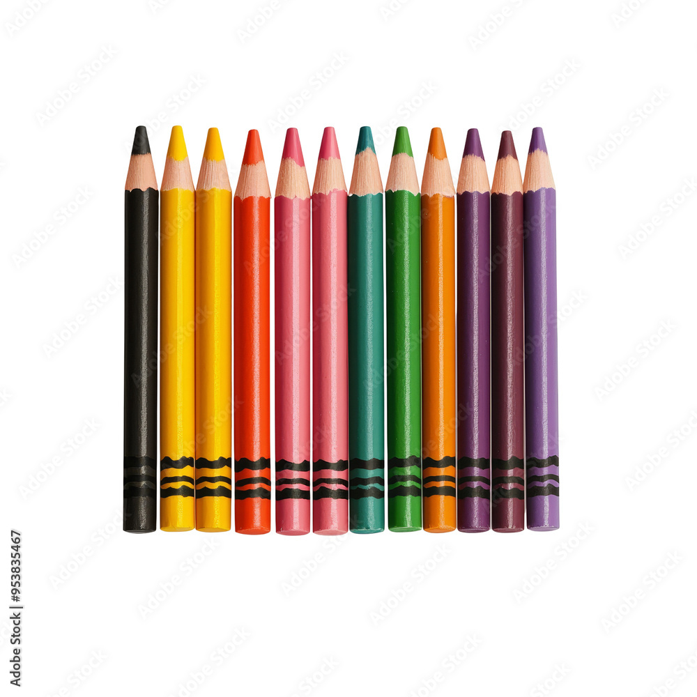 Fototapeta premium Vibrant colored pencils arranged in a row, perfect for art projects, school supplies, or creative activities, isolated on transparent background.