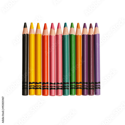 Vibrant colored pencils arranged in a row, perfect for art projects, school supplies, or creative activities, isolated on transparent background.