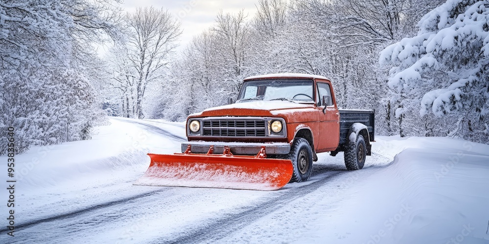 Pickup Truck Actively Plowing Snow on a Winter Road Pickup Truck Actively Plowing Snow on a Winter Road