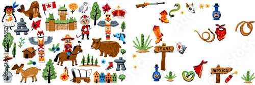 A set of North American elements. Symbols of Canada. Nature, animals, characters, objects. For maps and children designs. Travel landmarks illustrations. Cartoon style. Childish artwork
