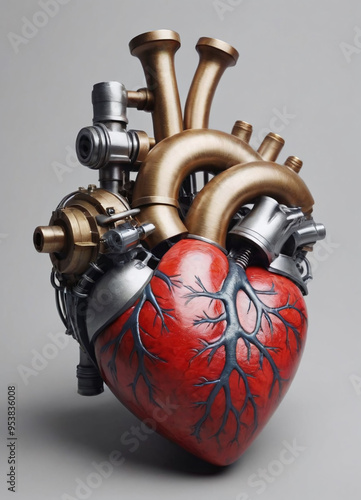 Heart human anatomy organ made of cyborg mecha metal material robotic, isolated in clean background