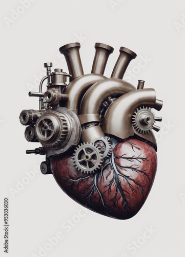 Heart human anatomy organ made of cyborg mecha metal material robotic, isolated in clean background