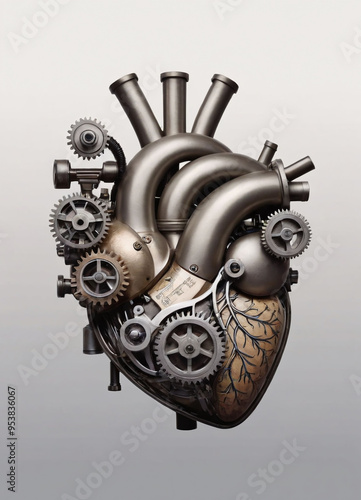 Heart human anatomy organ made of cyborg mecha metal material robotic, isolated in clean background