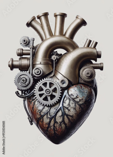 Heart human anatomy organ made of cyborg mecha metal material robotic, isolated in clean background