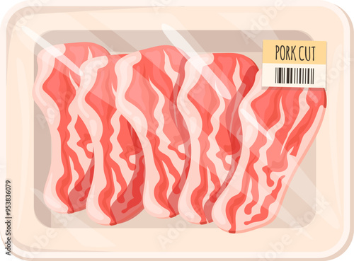 Bacon slice plastic wrap. Cartoon pork meat