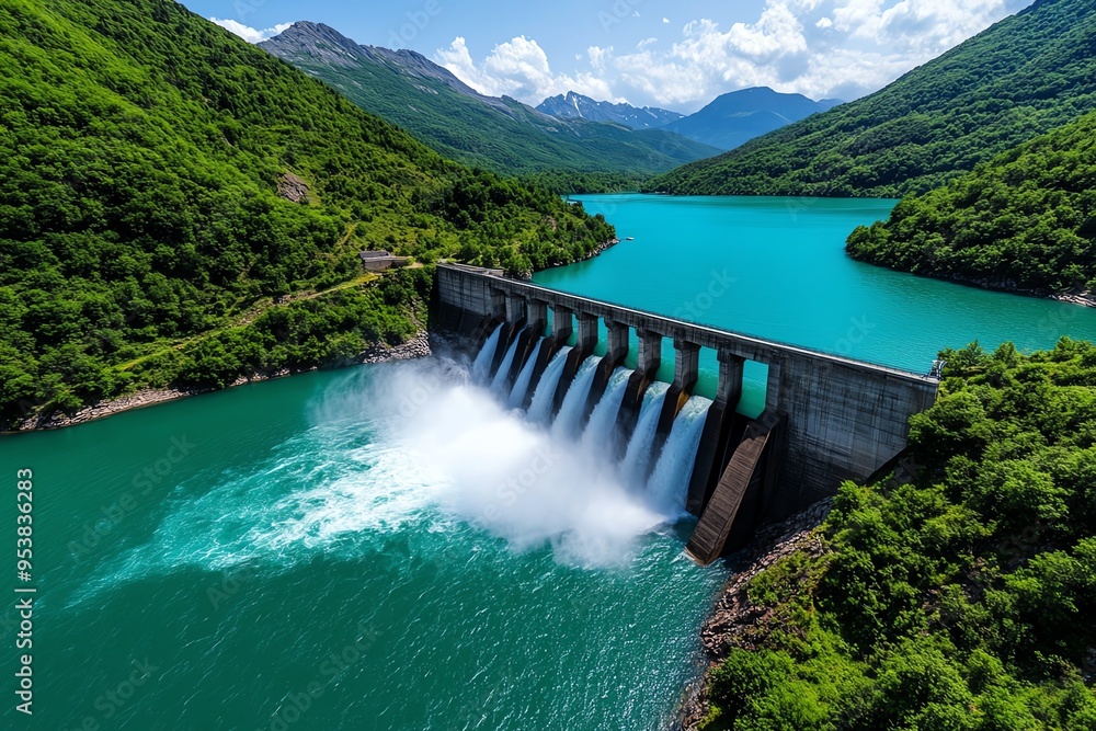 Hydropower and environmental sustainability are depicted in a realistic photo of a dam operating within a protected natural area Hydropower and environmental sustainability are depicted in a realistic photo of a dam operating within a protected natural area