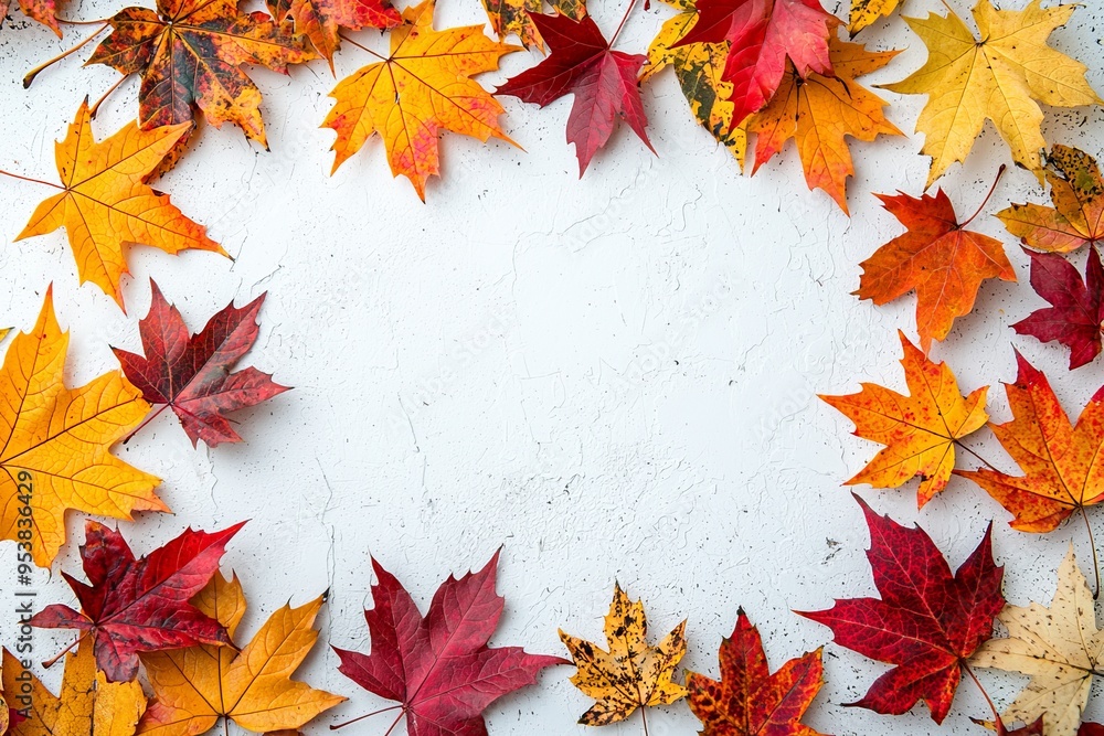 Autumn Maple Leaves Flat Lay White Background created with Generative AI Autumn Maple Leaves Flat Lay White Background created with Generative AI