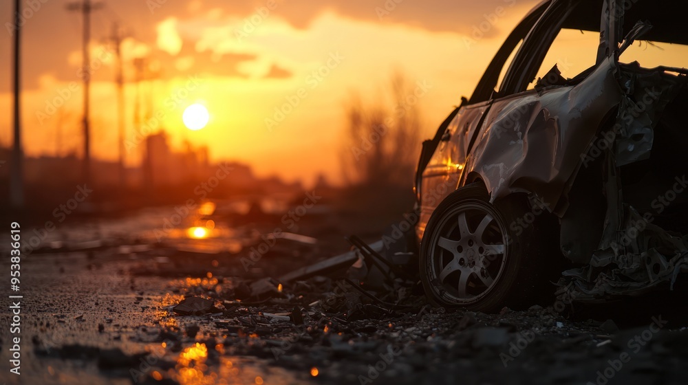 Abandoned, wrecked car on a desolate road at sunset, highlighted by soft, surreal lighting, symbolizing decay and abandonment in a post-apocalyptic setting. Abandoned, wrecked car on a desolate road at sunset, highlighted by soft, surreal lighting, symbolizing decay and abandonment in a post-apocalyptic setting.