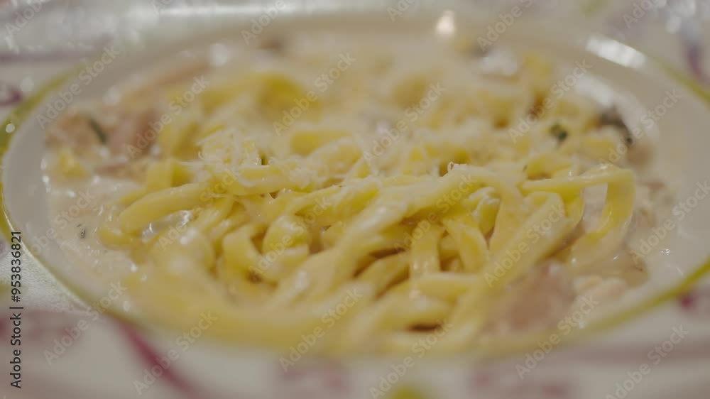 Spaghetti Carbonara Cheese Parmesan White Bowl Close Up. Italian pasta. Food at a restaurant. Tasty food. Spaghetti cabonara ham cheese. Cooking fettuccine pasta. Italian Cuisine. Food background. Spaghetti Carbonara Cheese Parmesan White Bowl Close Up. Italian pasta. Food at a restaurant. Tasty food. Spaghetti cabonara ham cheese. Cooking fettuccine pasta. Italian Cuisine. Food background.
