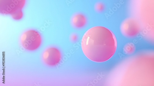 Abstract image of pink floating spheres against a soft blue and purple gradient backdrop, evoking a dreamy and futuristic feel.