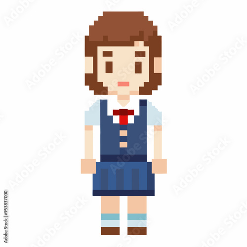 Pixel Art Schoolgirl Character in Uniform with Red Neck Tie