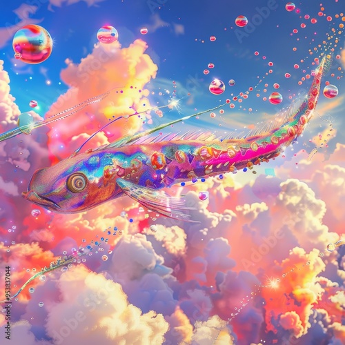 Surreal painting of a koi fish ascending to the heavens. photo