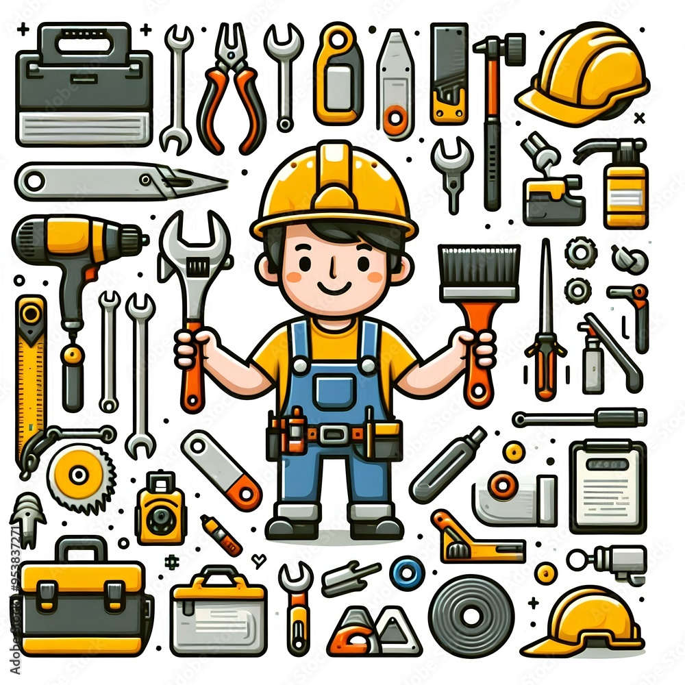 A cartoon-style illustration of a construction worker surrounded by various tools and accessories, displaying the essential equipment used in the building and construction field. A cartoon-style illustration of a construction worker surrounded by various tools and accessories, displaying the essential equipment used in the building and construction field.