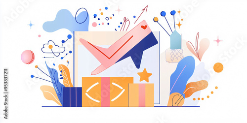 Delivery confirmation with checkmark and colorful gifts creates joyful atmosphere. This illustration symbolizes successful transactions and celebrations.