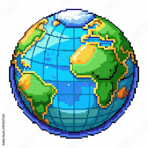 Pixel Art Globe, Retro Earth Illustration, 8 bit Style Planet, Digital Vector , Nostalgic Gaming Graphic