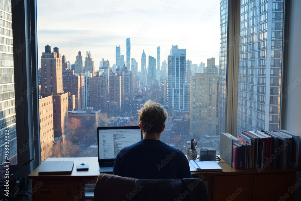 Fototapeta premium Software developer is working at his desk in his home office with a view of the new york city skyline