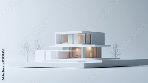 Conceptual energy-efficient building models arranged on a sleek modern platform photo