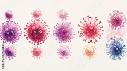 A group of colorful viruses are floating in the air