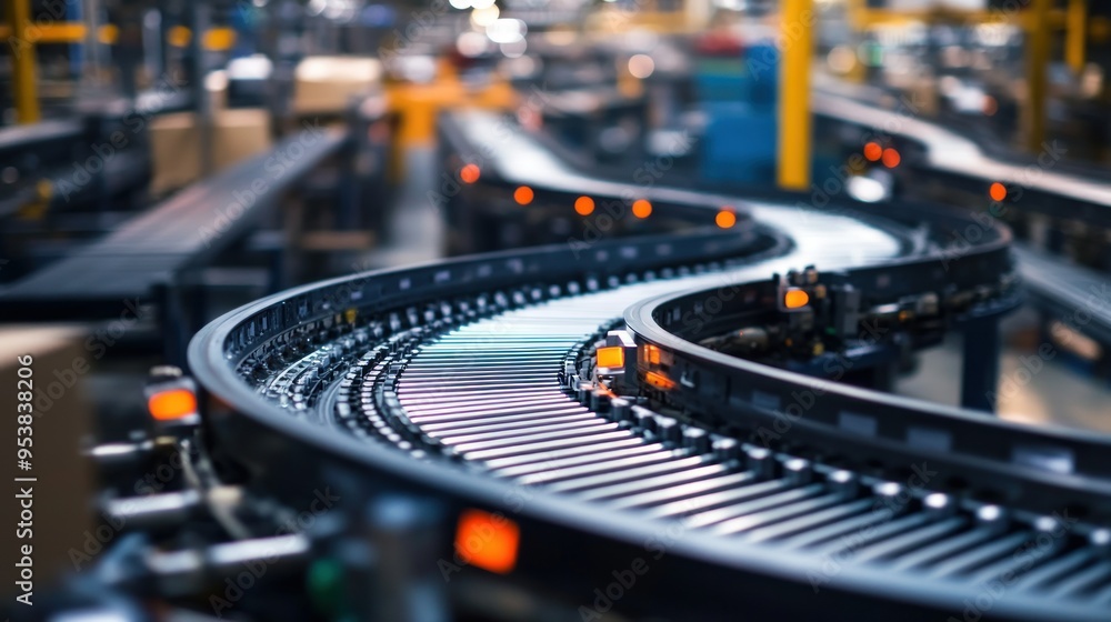 Close-up of a Curved Conveyor Belt System in a Factory Setting Close-up of a Curved Conveyor Belt System in a Factory Setting