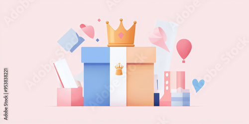 Colorful gift boxes with crown symbolize premium quality, surrounded by hearts and balloons, creating festive atmosphere.