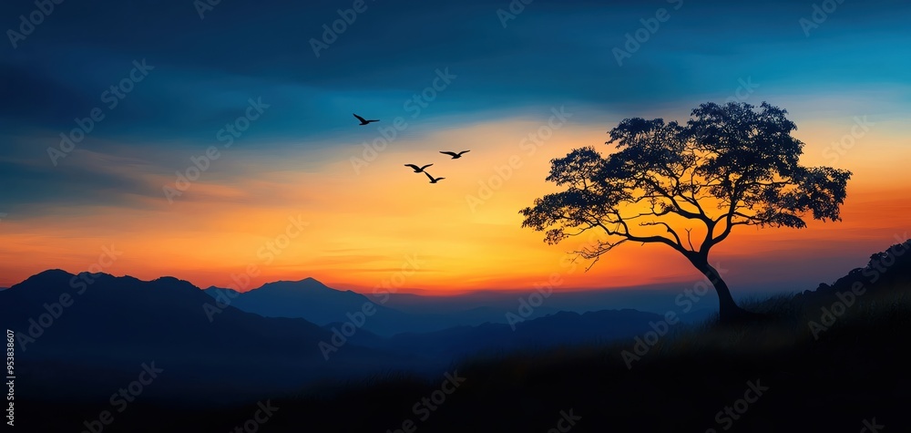 A serene landscape featuring a solitary tree silhouetted against a colorful sunset, with birds flying over distant mountains. A serene landscape featuring a solitary tree silhouetted against a colorful sunset, with birds flying over distant mountains.