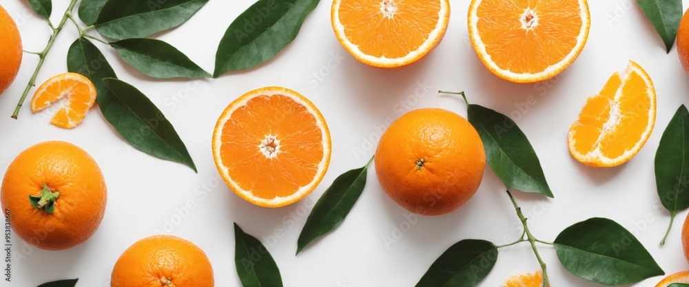 Fresh orange with green leaves on white. Food background. Top view Fresh orange with green leaves on white. Food background. Top view