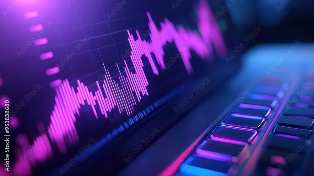Close-up of a computer keyboard with a glowing neon graph on the screen, symbolizing data analysis and futuristic technology. Close-up of a computer keyboard with a glowing neon graph on the screen, symbolizing data analysis and futuristic technology.