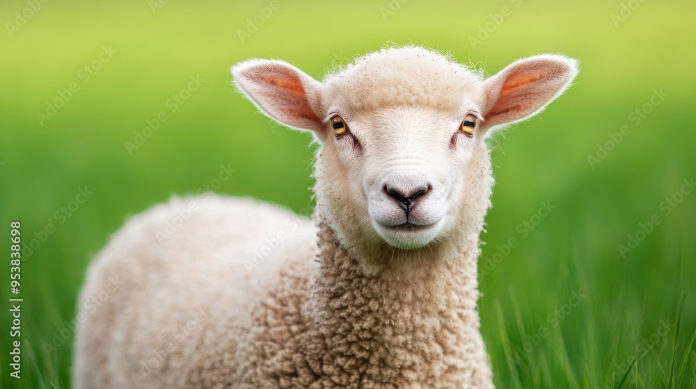 Close-up of a curious sheep standing in a green grassy field, showcasing its woolly coat on a bright day, with a blurred background. Close-up of a curious sheep standing in a green grassy field, showcasing its woolly coat on a bright day, with a blurred background.