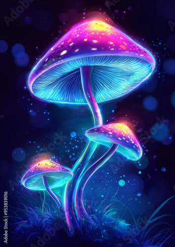 Glowing Neon Mushrooms – Psychedelic Fantasy Vector Art photo