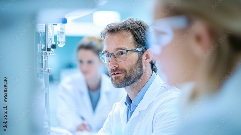 A focused scientist discussing research in a modern laboratory with colleagues, wearing lab coats and protective eyewear. A focused scientist discussing research in a modern laboratory with colleagues, wearing lab coats and protective eyewear.