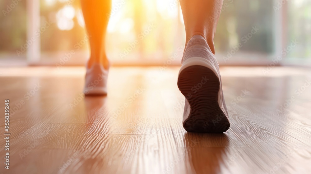 Close-up of a person walking indoors on a bright sunny day with wooden flooring, capturing movement and sunlight effect. Close-up of a person walking indoors on a bright sunny day with wooden flooring, capturing movement and sunlight effect.
