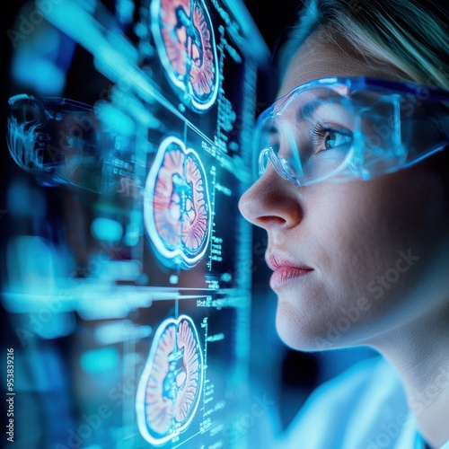 A focused scientist analyzes digital brain scans, showcasing advancements in medical technology and research innovation. photo