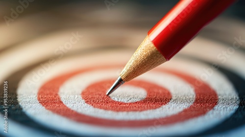 Close-up of a pencil tip pointing at the center of a red bullseye target. Concept of precision, accuracy, and focus.