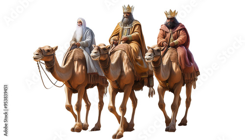 Los tres Reyes Magos montados en camello camino de Belén con fondo transparente 05
