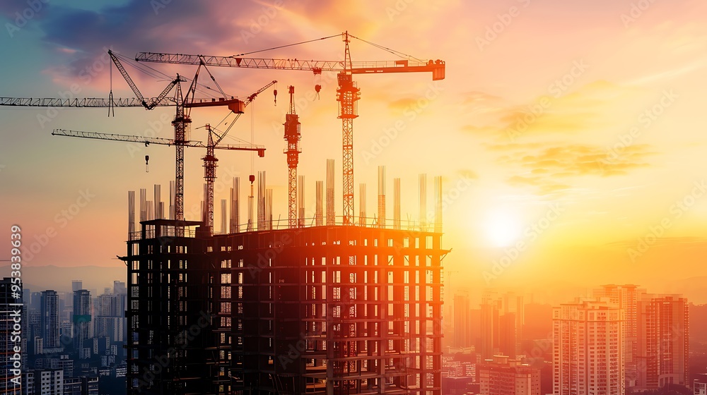 Construction of large residential buildings with crane at sunset