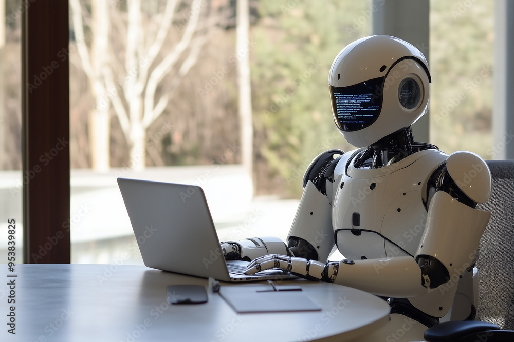 Photo of an AI robot sitting at the table and writing code on laptop, in office environment. Photo of an AI robot sitting at the table and writing code on laptop, in office environment.