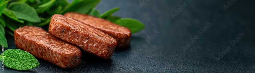 Close-up of plant-based meat substitutes on dark background with fresh green leaves, showcasing healthy vegan protein alternatives. Close-up of plant-based meat substitutes on dark background with fresh green leaves, showcasing healthy vegan protein alternatives.