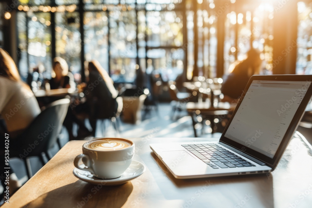 Open laptop computer and cappuccino sitting on cafe table with people working in background Open laptop computer and cappuccino sitting on cafe table with people working in background