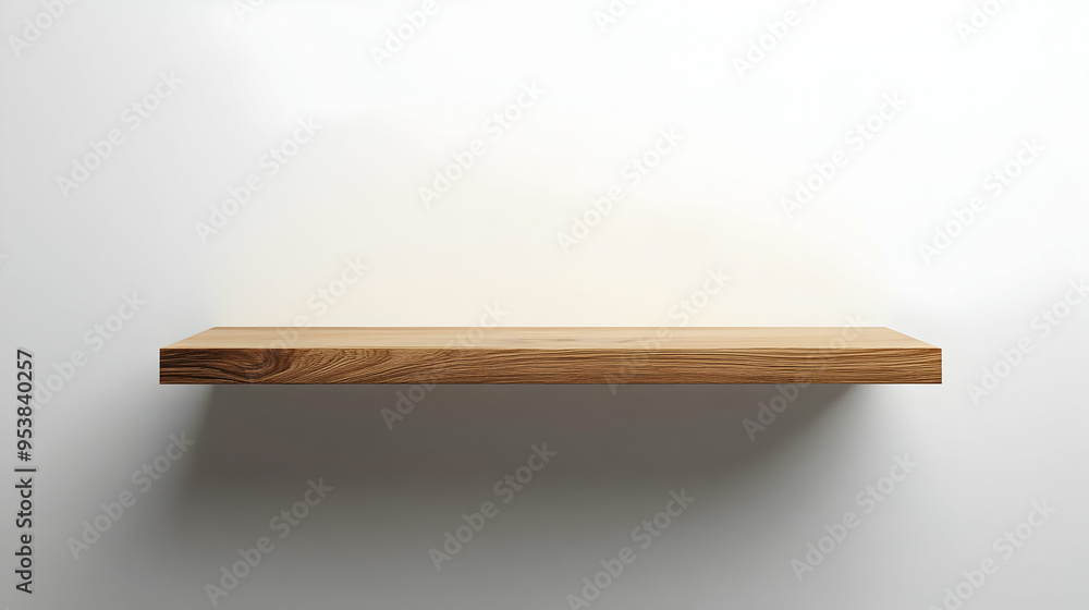 Minimalist wooden shelf on a clean white wall Minimalist wooden shelf on a clean white wall